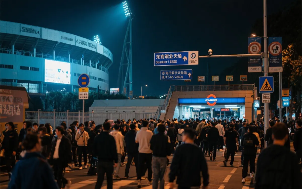 比赛日城市动线：球场、地铁、步行回酒店的夜景