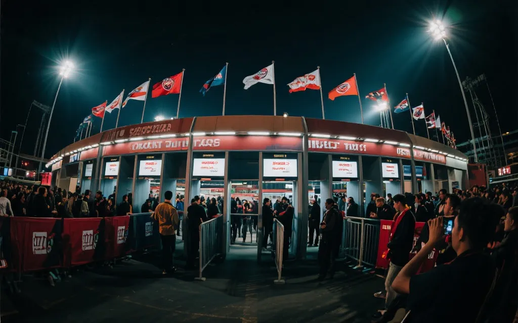 2026世界杯赛前球场外圈，检票口与人流，旗帜与灯光交织，纪实摄影质感